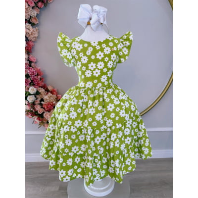 Vestido Infantil Primavera Verão Verde Lima C/ Margaridas Casual