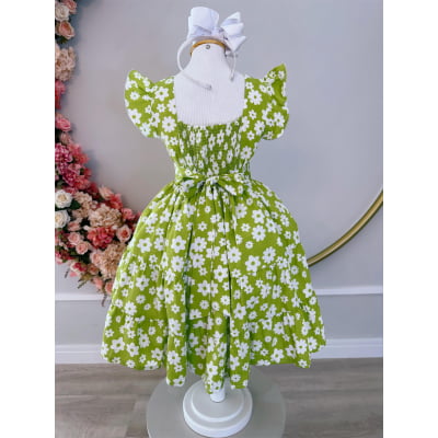 Vestido Infantil Primavera Verão Verde Lima C/ Margaridas Casual