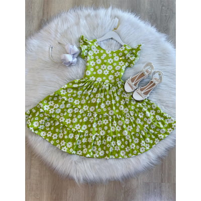 Vestido Infantil Primavera Verão Verde Lima C/ Margaridas Casual