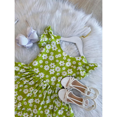 Vestido Infantil Primavera Verão Verde Lima C/ Margaridas Casual