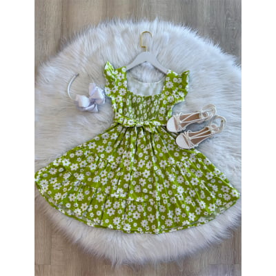 Vestido Infantil Primavera Verão Verde Lima C/ Margaridas Casual
