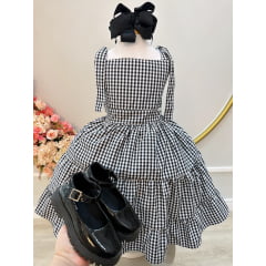 Vestido Infantil Primavera Verão Xadrez Preto e Branco Festa