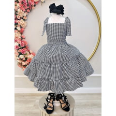 Vestido Infantil Primavera Verão Xadrez Preto e Branco Luxo