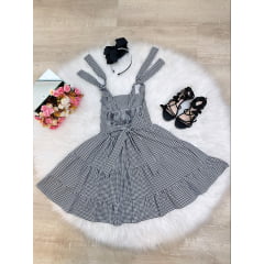 Vestido Infantil Primavera Verão Xadrez Preto e Branco Luxo