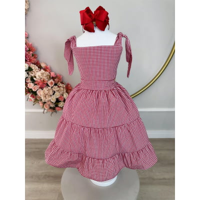 Vestido Infantil Primavera Verão Xadrez Vermelho e Branco