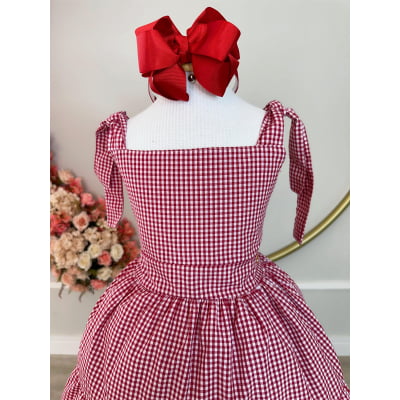 Vestido Infantil Primavera Verão Xadrez Vermelho e Branco