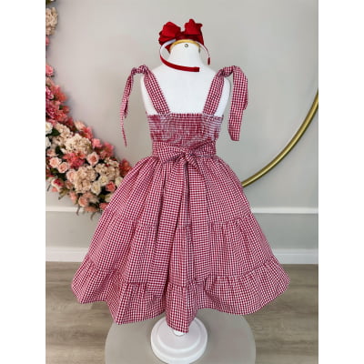 Vestido Infantil Primavera Verão Xadrez Vermelho e Branco
