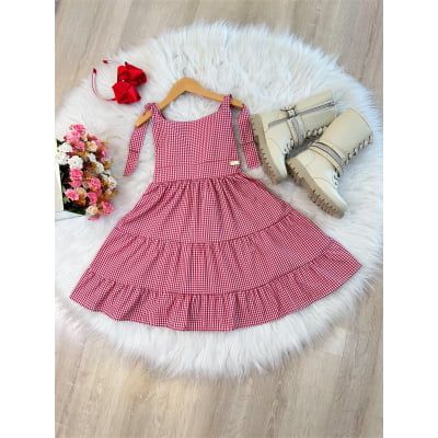 Vestido Infantil Primavera Verão Xadrez Vermelho e Branco