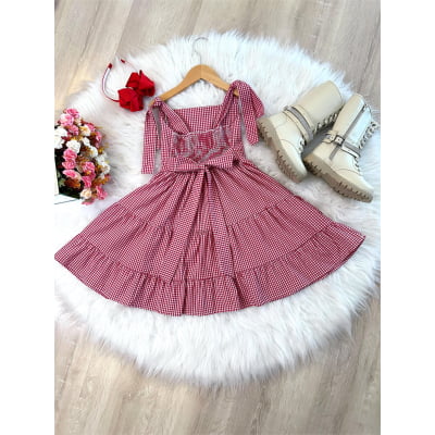 Vestido Infantil Primavera Verão Xadrez Vermelho e Branco