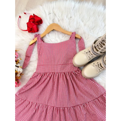 Vestido Infantil Primavera Verão Xadrez Vermelho e Branco