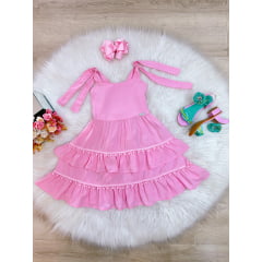 Vestido Infantil Rosa Claro de Alça Casual Luxo