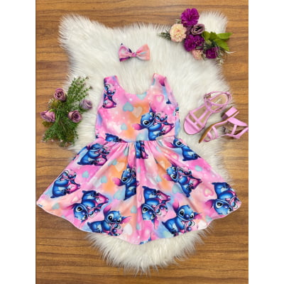 Vestido Infantil Rosa Colorido Lilo Stitch e Angel C/ Laço