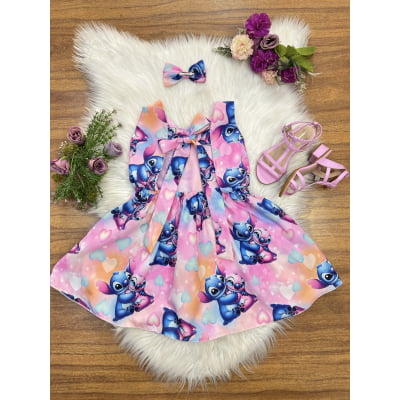 Vestido Infantil Rosa Colorido Lilo Stitch e Angel C/ Laço