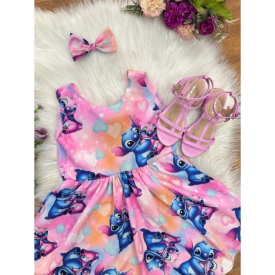 Vestido Infantil Rosa Colorido Lilo Stitch e Angel C/ Laço