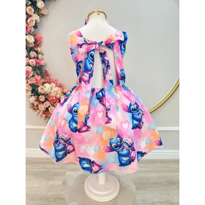 Vestido Infantil Rosa Colorido Lilo Stitch e Angel C/ Laço