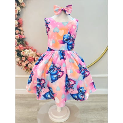 Vestido Infantil Rosa Colorido Lilo Stitch e Angel C/ Laço
