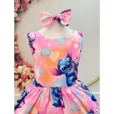 Vestido Infantil Rosa Colorido Lilo Stitch e Angel C/ Laço