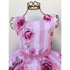 Vestido Infantil Rosa Floral Borboletas Luxo Cinto Pérolas