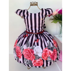 Vestido Infantil Rosa Listras Pretas Floral Borboletas Luxo