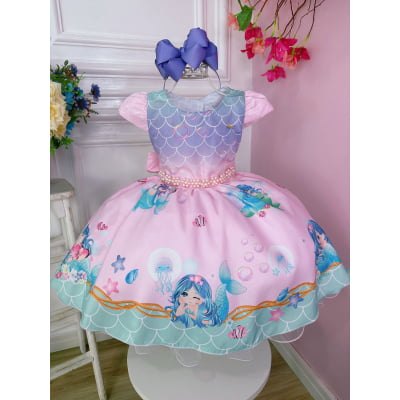Vestido Infantil Sereia Escamas Rosa e Lilás Cinto Pérolas