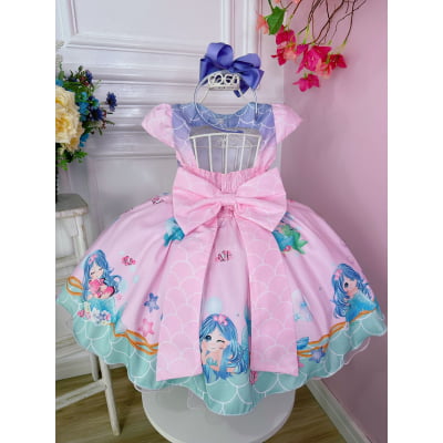 Vestido Infantil Sereia Escamas Rosa e Lilás Cinto Pérolas