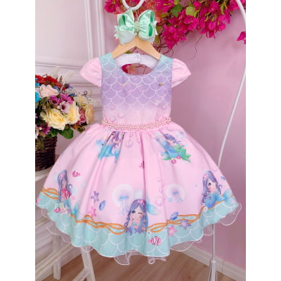 Vestido Infantil Sereia Escamas Rosa e Lilás Cinto Pérolas