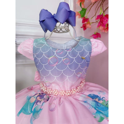 Vestido Infantil Sereia Escamas Rosa e Lilás Cinto Pérolas