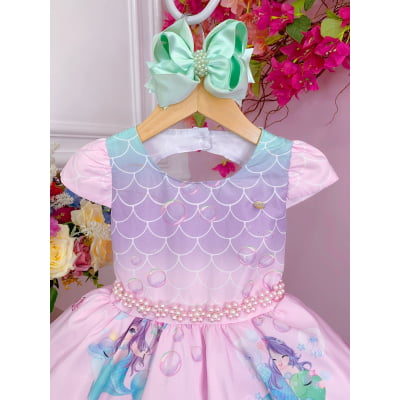 Vestido Infantil Sereia Escamas Rosa e Lilás Cinto Pérolas
