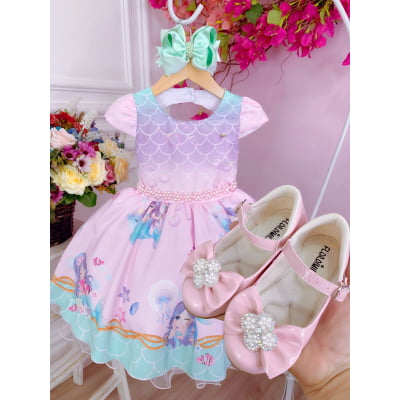 Vestido Infantil Sereia Escamas Rosa e Lilás Cinto Pérolas