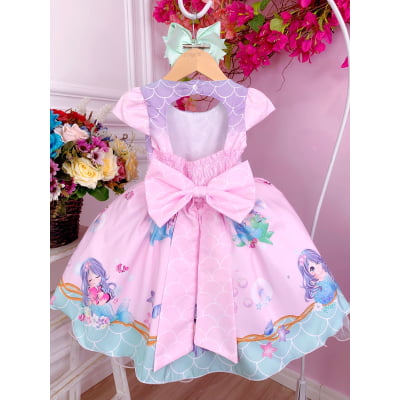 Vestido Infantil Sereia Escamas Rosa e Lilás Cinto Pérolas