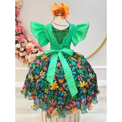 Vestido Infantil Verde Com Saia Florida Colorida Luxo