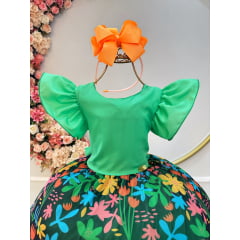 Vestido Infantil Verde Com Saia Florida Colorida Luxo