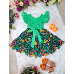 Vestido Infantil Verde Com Saia Florida Colorida Luxo