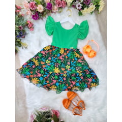 Vestido Infantil Verde Com Saia Florida Colorida Luxo