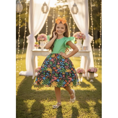 Vestido Infantil Verde Com Saia Florida Colorida Luxo