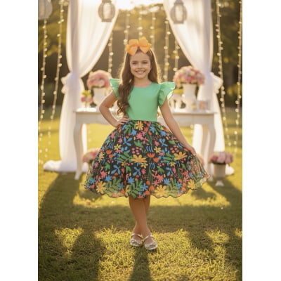 Vestido Infantil Verde Com Saia Florida Colorida Luxo Vestido Infantil Verde Com Saia Florida Colorida Luxo