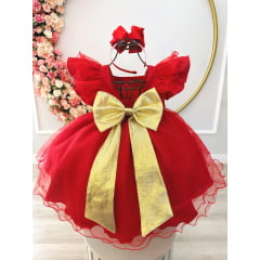 Vestido Infantil Vermelho Broches Dourados Natal Festa