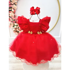 Vestido Infantil Vermelho Broches Dourados Natal Festa