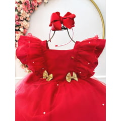 Vestido Infantil Vermelho Broches Dourados Natal Festa