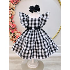 Vestido Infantil Xadrez Preto e Branco Broche de Lacinhos