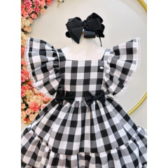 Vestido Infantil Xadrez Preto e Branco Broche de Lacinhos