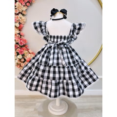 Vestido Infantil Xadrez Preto e Branco Broche de Lacinhos