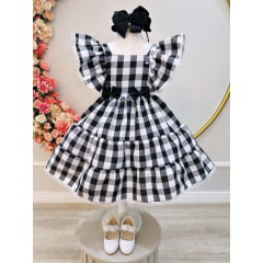 Vestido Infantil Xadrez Preto e Branco Broche de Lacinhos