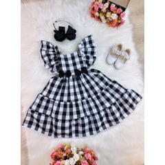 Vestido Infantil Xadrez Preto e Branco Broche de Lacinhos