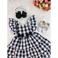 Vestido Infantil Xadrez Preto e Branco Broche de Lacinhos