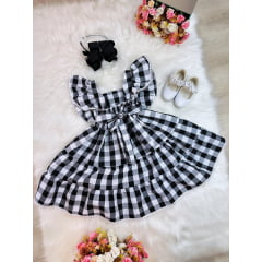 Vestido Infantil Xadrez Preto e Branco Broche de Lacinhos