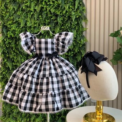 Vestido Infantil Xadrez Preto e Branco Broche de Lacinhos