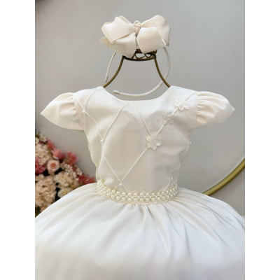 Vestido Infantil Marfim Busto C/ Nervuras Flores Festas Luxo