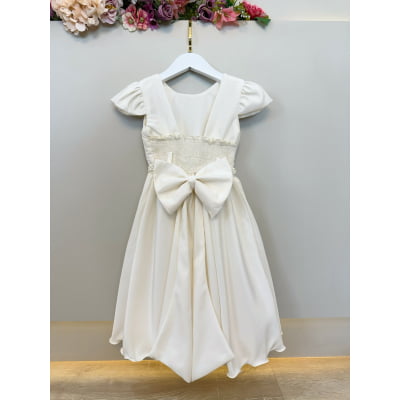Vestido Infantil Marfim Busto C/ Nervuras Flores Festas Luxo