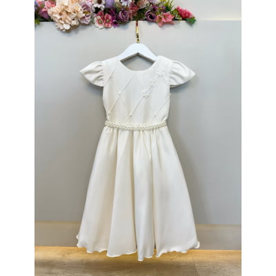 Vestido Infantil Marfim Busto C/ Nervuras Flores Festas Luxo